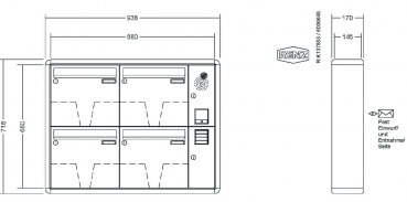 RENZ Briefkastenanlage Aufputz RS2000 Kastenformat 370x330x145mm, mit Klingel - & Lichttaster und Vorbereitung Gegensprechanlage, 4-teilig, Renz Nummer 10-0-35934